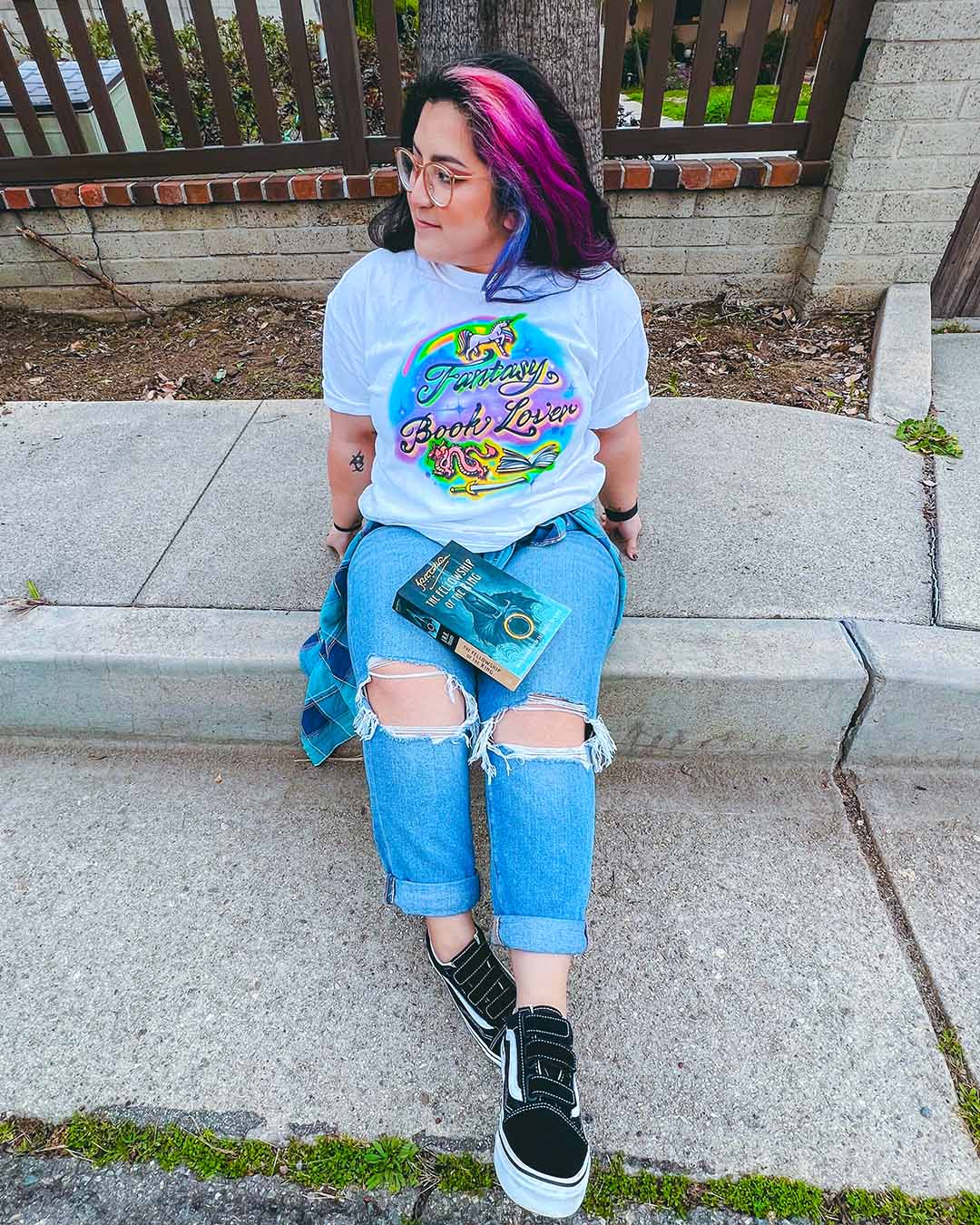 Multi-colored airbrushed bookish shirt for fantasy readers featuring the phrase &