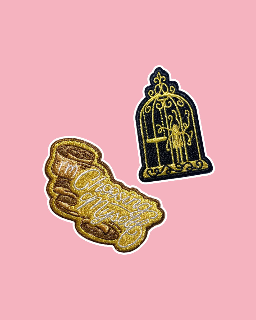 Plated Prisoner patch set featuring a gold cage with a black background and a gold patch with the quote 'I'm choosing myself.'