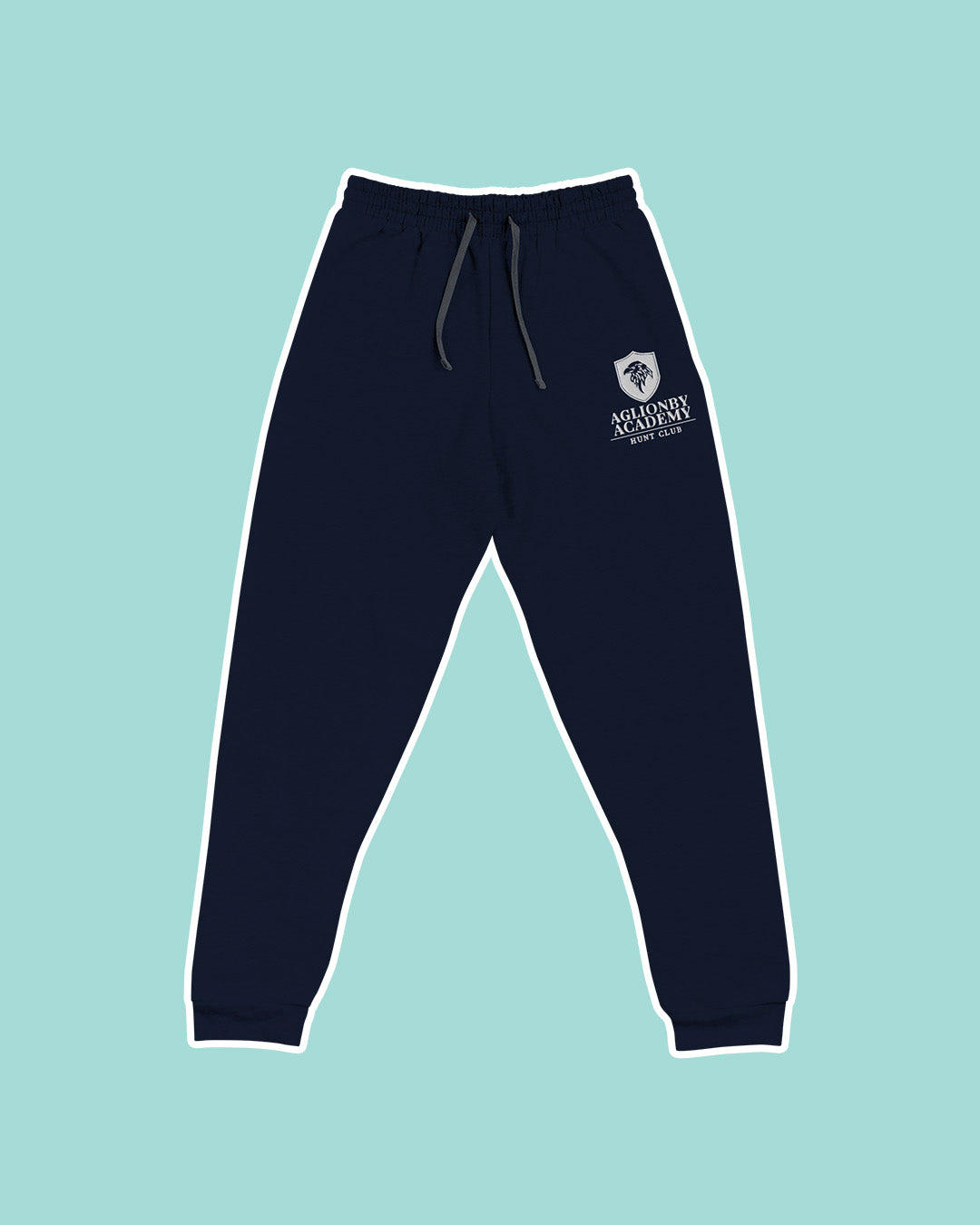 The Raven Cycle joggers for Maggie Stiefvater fans featuring a logo for the Aglionby Academy Hunt Club with a raven in a shield on the left thigh.