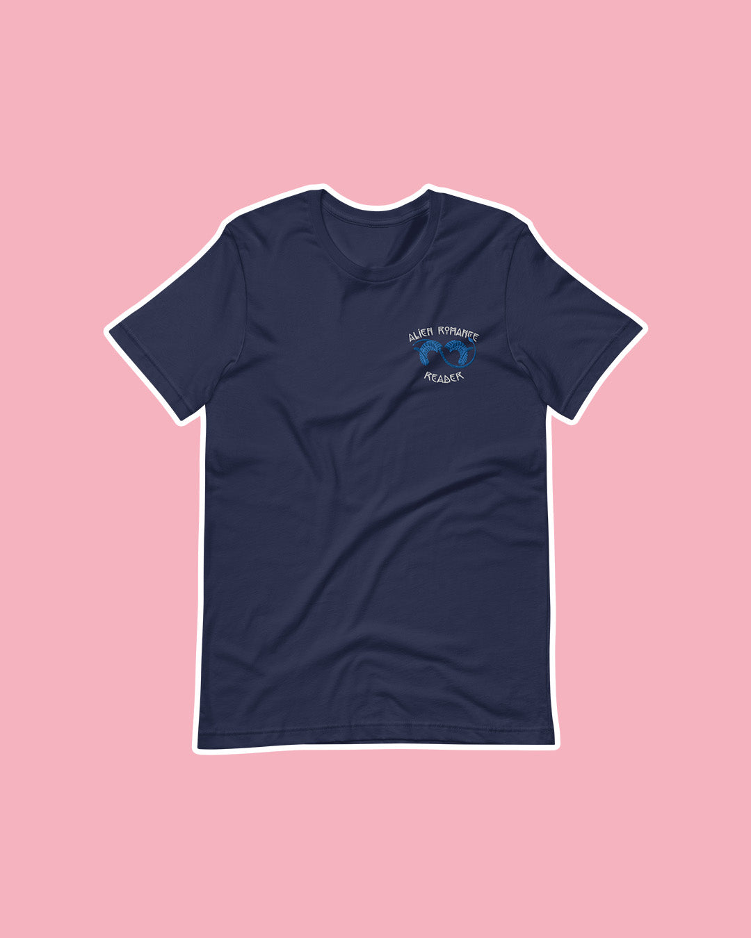 Embroidered romance shirt featuring blue alien horns and the title 'Alien Romance Reader.'