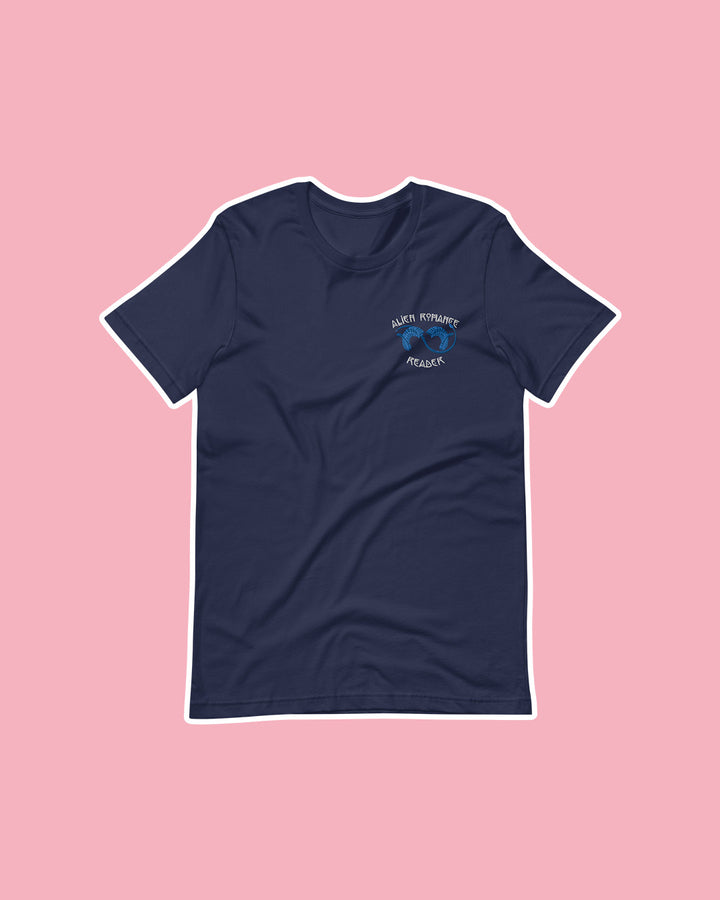Embroidered romance shirt featuring blue alien horns and the title &