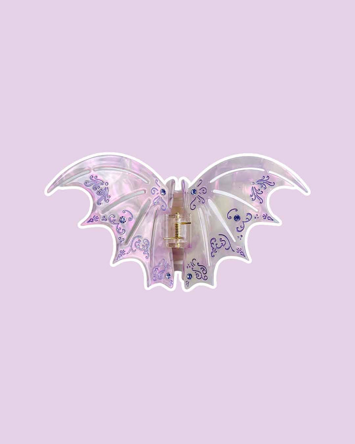 ACOTAR-inspired bat boy hair claw clips in pastel purple with etching details and purple gem embellishments for Sarah J. Maas fans.