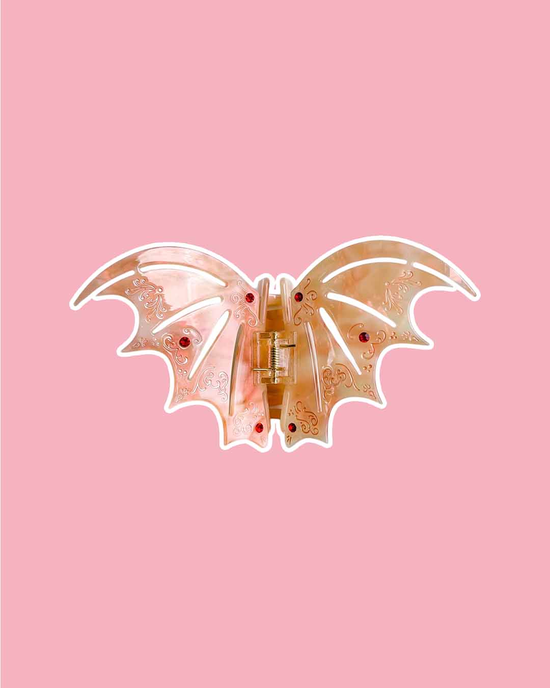 ACOTAR-inspired bat boy hair claw clips in pastel red with etching details and red gem embellishments for Sarah J. Maas fans.