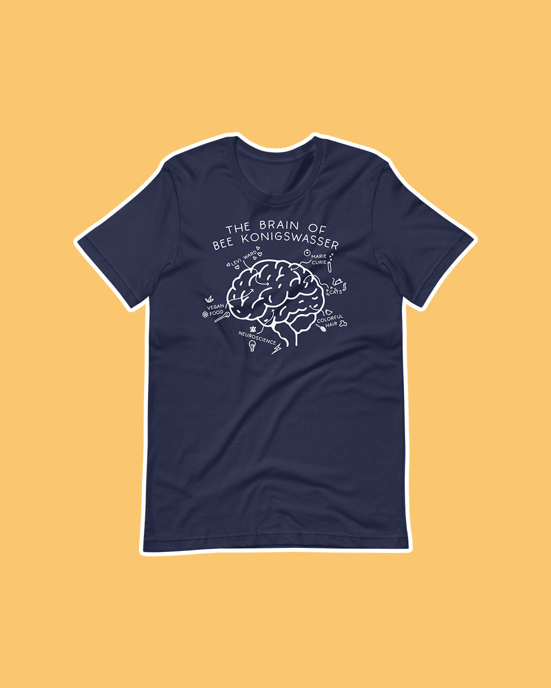 Ali Hazelwood shirt featuring a doodled diagram of 'The Brain of Bee Konigswasser' including 'Marie Curie,' 'Levi Ward,' 'cats,' 'colorful hair,' 'neuroscience,' and 'vegan food.'