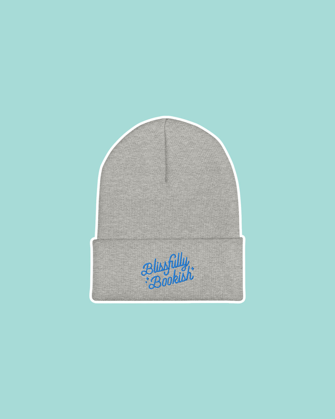 Gray beanie embroidered with the Blissfully Bookish logo in blue.