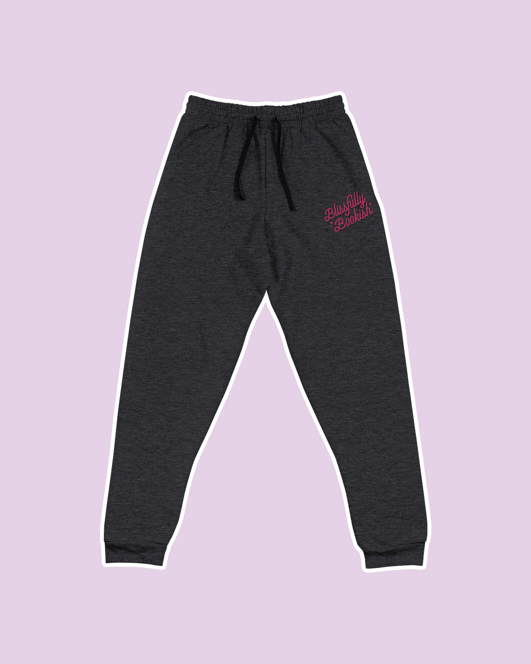 Blissfully Bookish joggers featuring the company's logo embroidered on the left thigh.