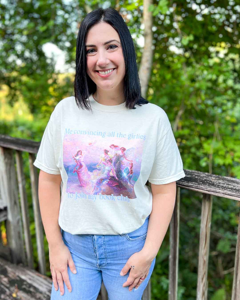 Bookish tee featuring a fine art painting with the quote, 'Me convincing all the girlies to join my book club.'