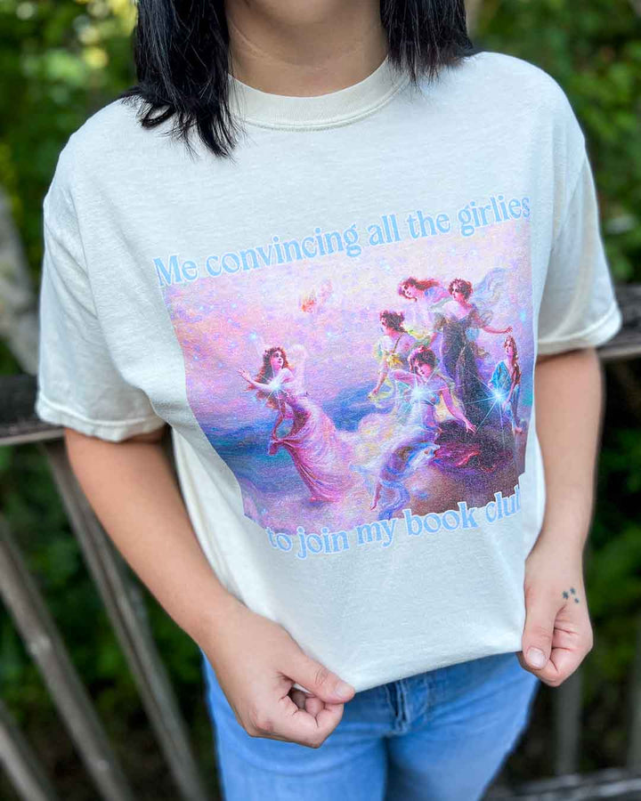 Colorful bookish tee of a fine art painting and the text, &