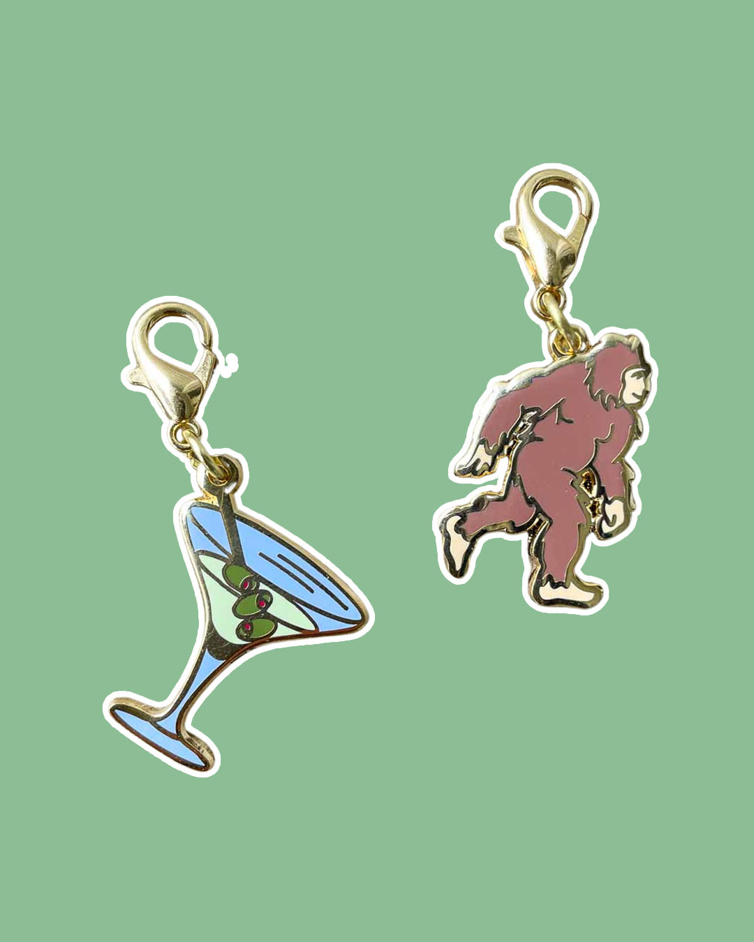 Book Lovers charm set featuring a martini glass and Bigfoot.