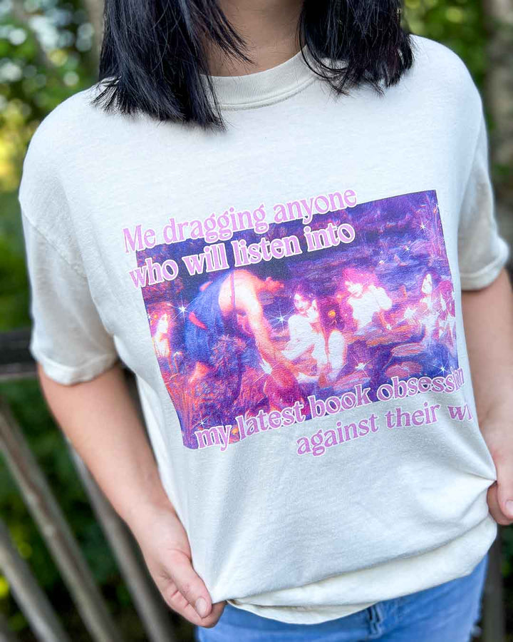 Colorful bookish tee of a fine art painting and the text, &