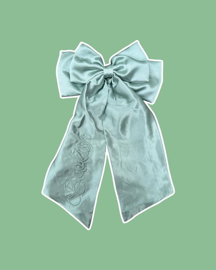 Pale eucalyptus satin hair bow clip embroidered with &