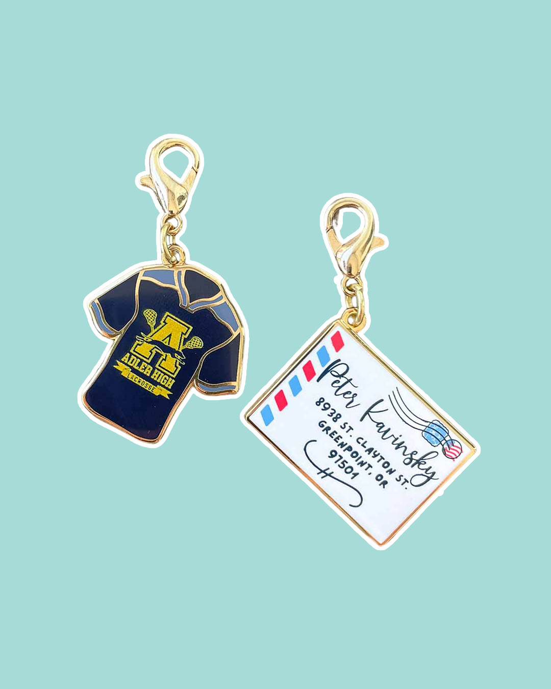 To All the Boys charm set featuring a lacrosse jersey and Peter's love letter.