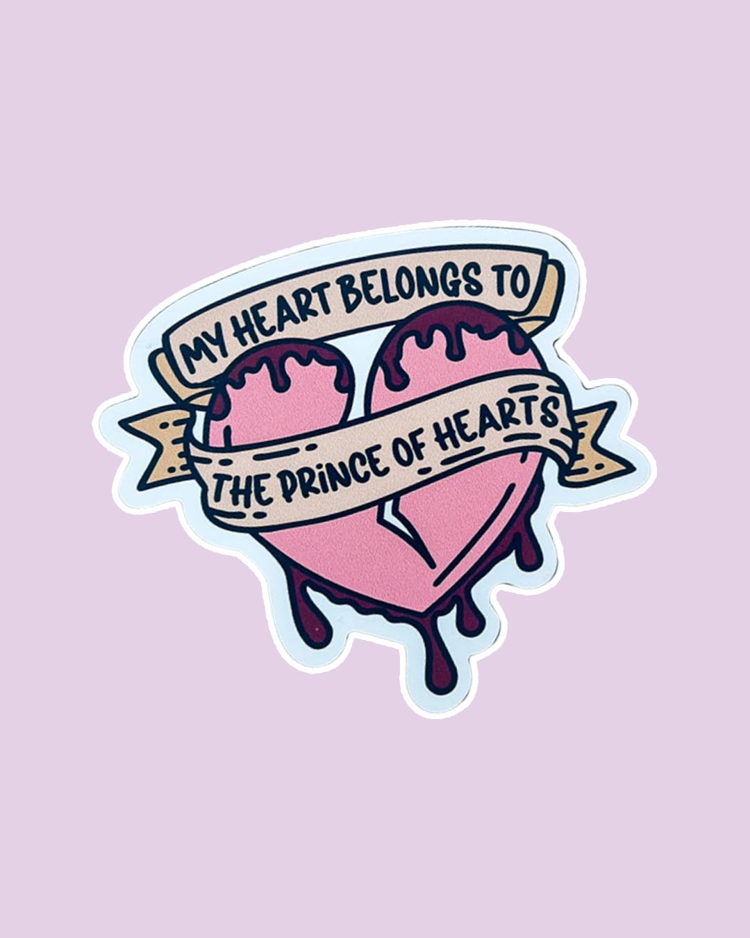 Once Upon a Broken Heart magnet for Stephanie Garber fans featuring a cracked, cartoon heart dripping in blood with a banner wrapped around it saying 'My heart belongs to the Prince of Hearts.'