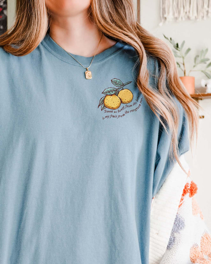Light blue If Not For My Baby shirt for Kate Golden readers featuring two illustrated clementines and the Halloran quote  &