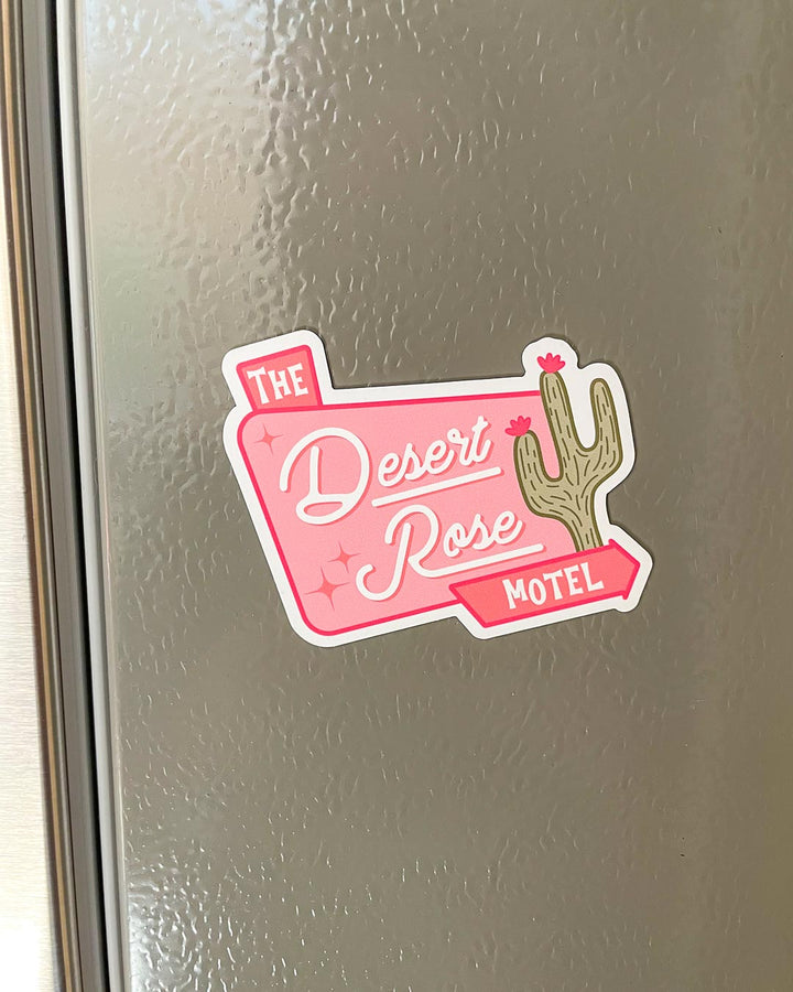 The Desert Rose Motel magnet for Emily Henry fans featuring a sign for the Desert Rose Motel and an illustrated cactus from People We Meet on Vacation.