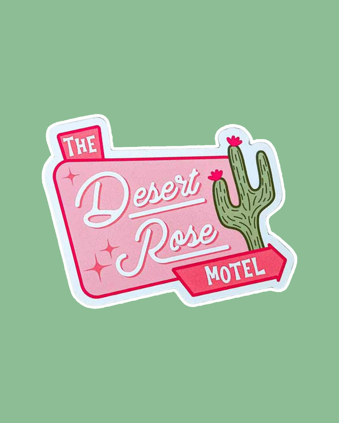 People We Meet on Vacation magnet for Emily Henry fans featuring a pink sign design of 'The Desert Rose Motel' designed with an illustrated cactus and star details.