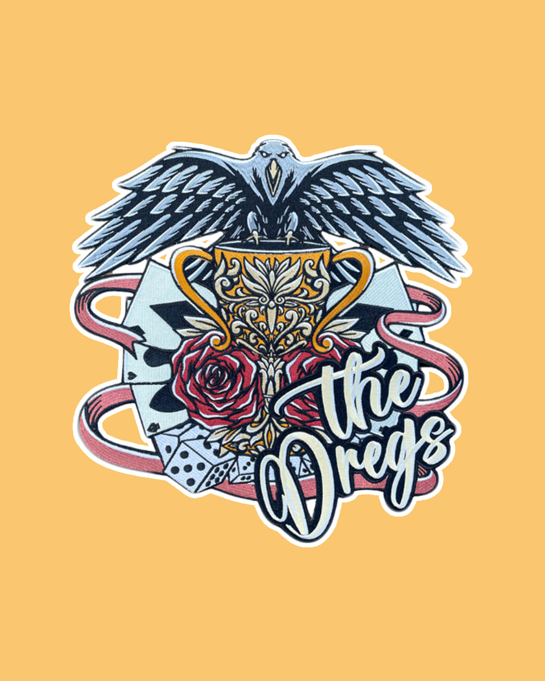 Iron on Six of Crows patch for Leigh Bardugo fans featuring a busy design with a crow perched atop a chalice, roses, playing cards, dice, and 'The Dregs' written along the bottom.