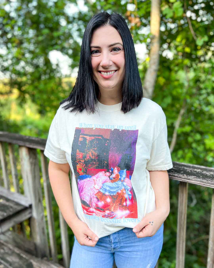 Colorful bookish tee for romance readers of a fine art painting and the text, &