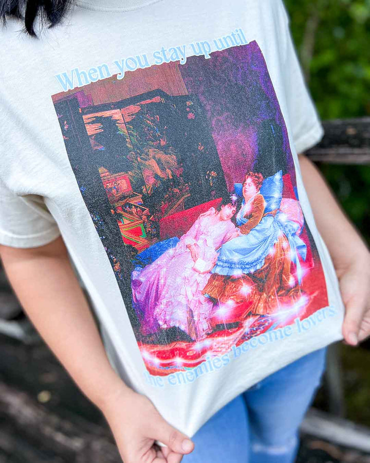Bookish tee for romance readers featuring a fine art painting with the quote, &