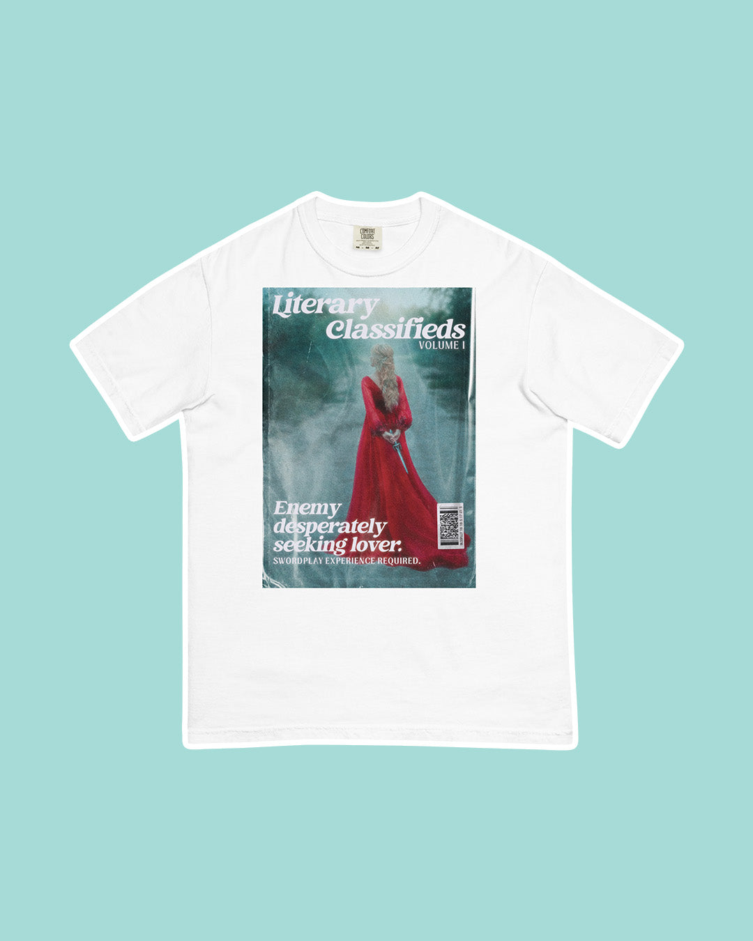 Romance shirt for book lovers featuring the 'Literary Classifieds, Volume I' for 'Enemy desperately seeking lover' inspired by the enemies to lovers trope.