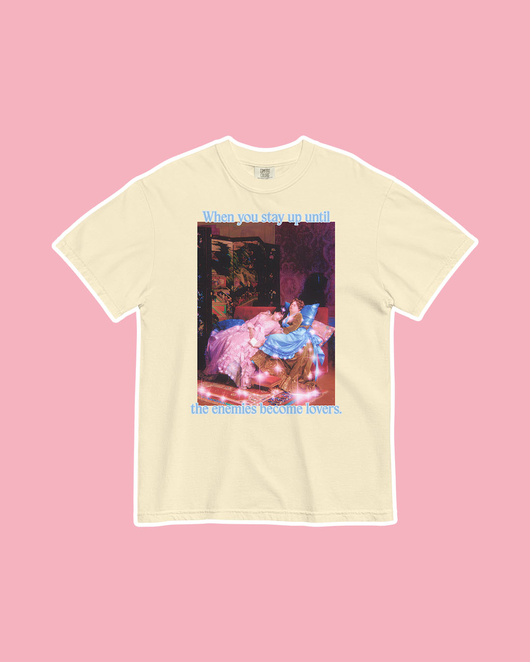Fine art bookish shirt for romance readers featuring a classic painting and the phrase 'When you stay up until the enemies become lovers.'