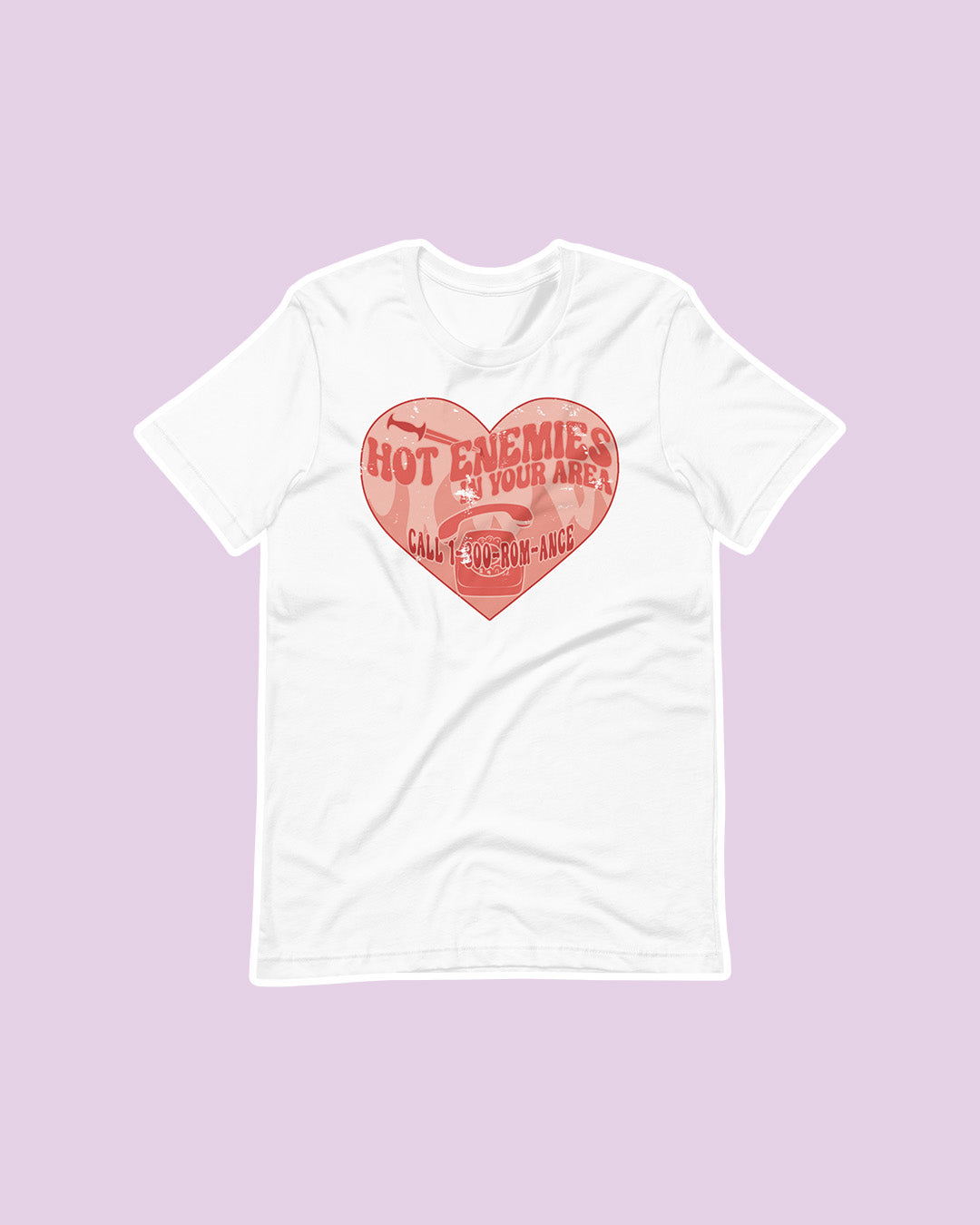 Enemies to lovers shirt with 'hot enemies in your area, call 1-800-ROM-ANCE' with flames, a dagger, and a phone designed all inside a heart.