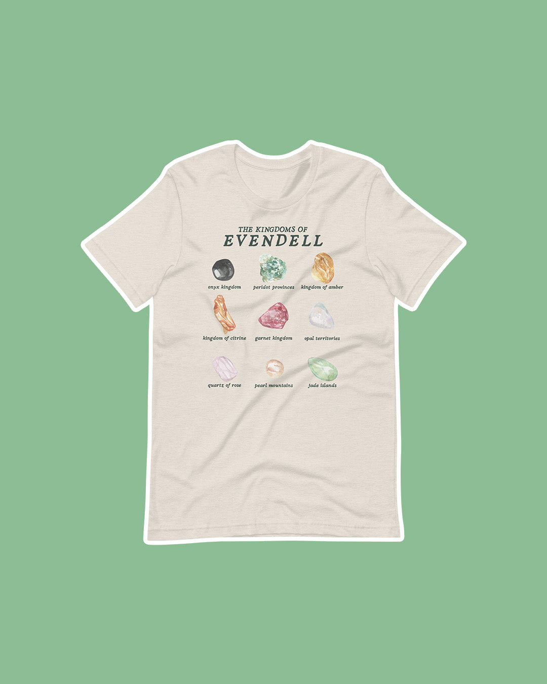 A Dawn of Onyx shirt featuring all the Kingdoms of Evendell and their gems including, onyx, peridot, amber, citrine, garnet, opal, quartz, pearl, and jade.