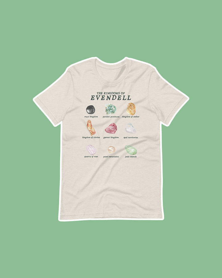 A Dawn of Onyx shirt featuring all the Kingdoms of Evendell and their gems including, onyx, peridot, amber, citrine, garnet, opal, quartz, pearl, and jade.