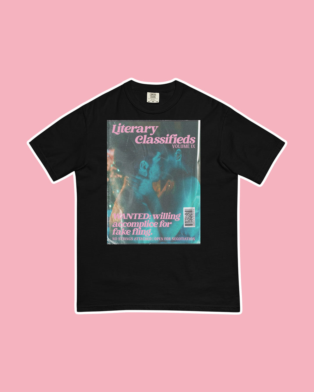 Romance shirt for book lovers featuring the 'Literary Classifieds, Volume IX' for 'WANTED: willing accomplice for fake fling' inspired by the fake dating trope.