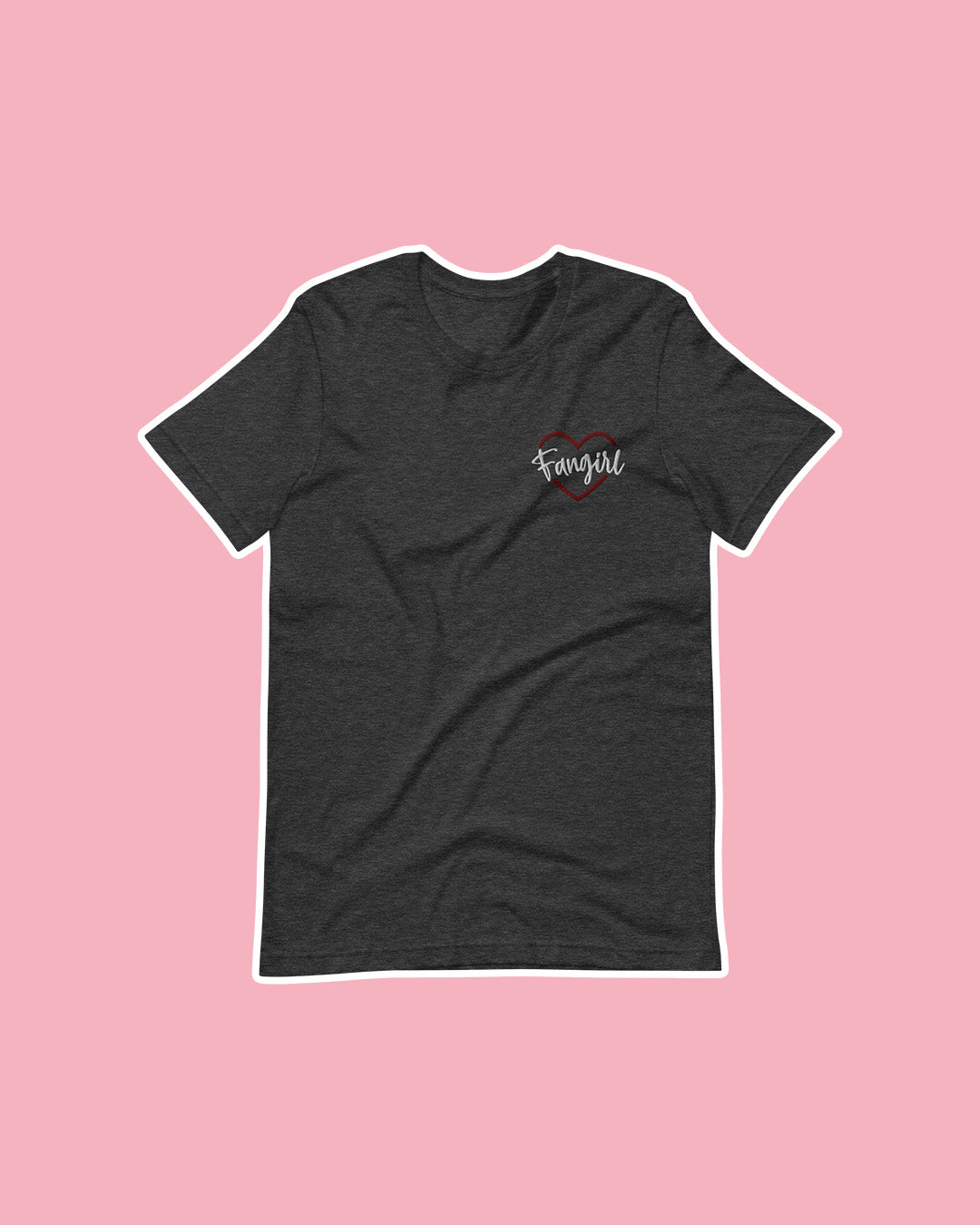 Bookish shirt featuring 'Fangirl' written in white, looping handwritten script in a red heart.