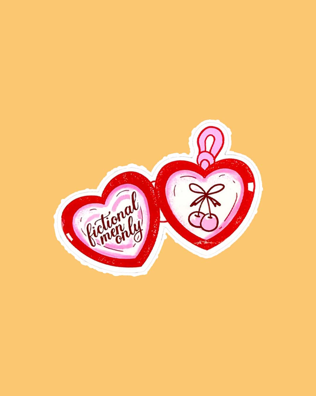 Bookish sticker featuring an illustrated heart-shaped locket with 'fictional men only' written in script text on one side and pink cherries on the other.