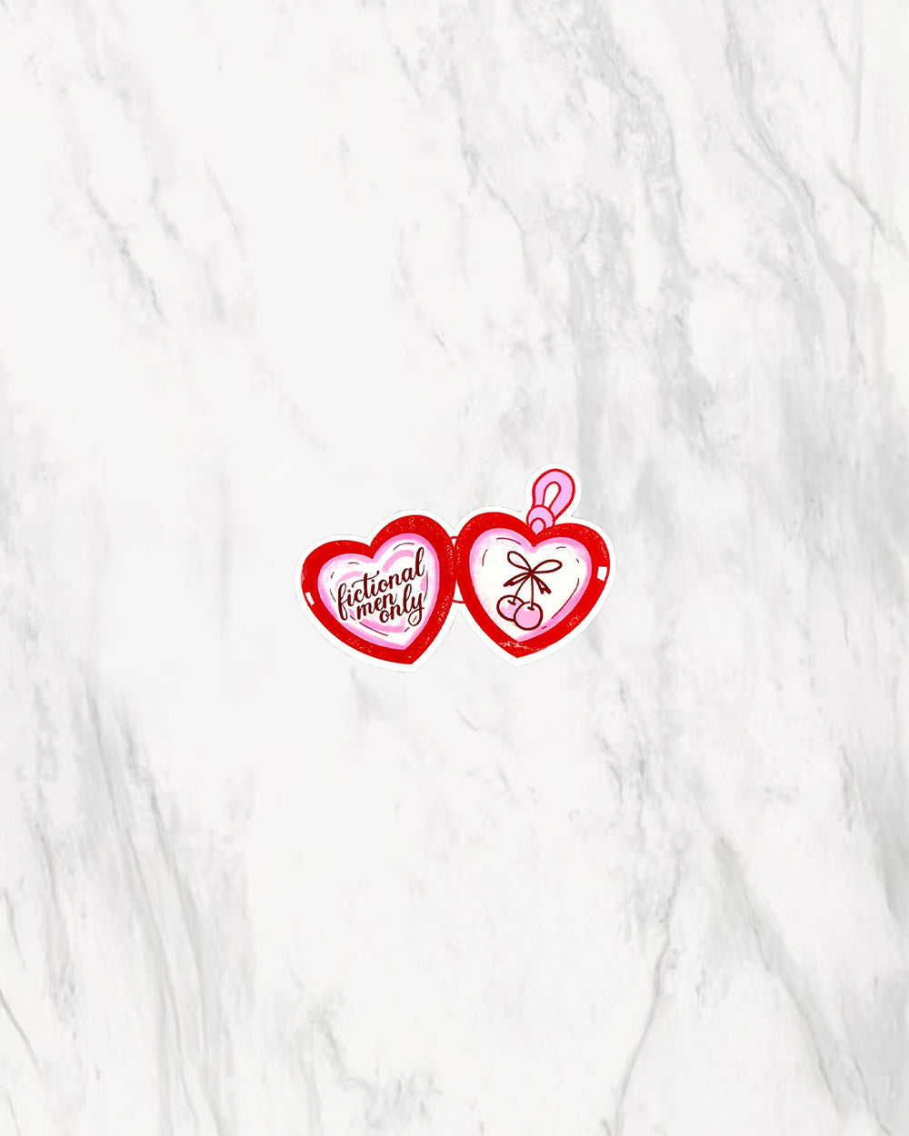 Bookish merchandise featuring an illustrated locket sticker design with pink cherries on one side and 'fictional men only' on the other.