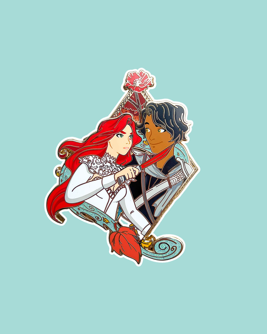 From Blood and Ash enamel pin featuring Poppy holding a knife to Casteel's throat.