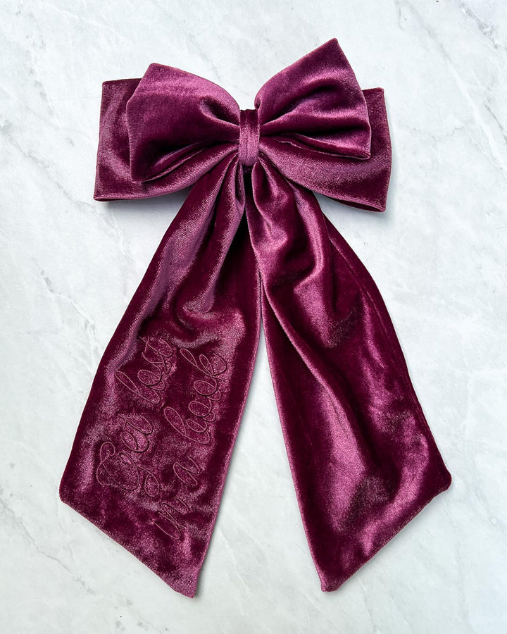 Velvet hair bow for book lovers in plum with the embroidered quote &