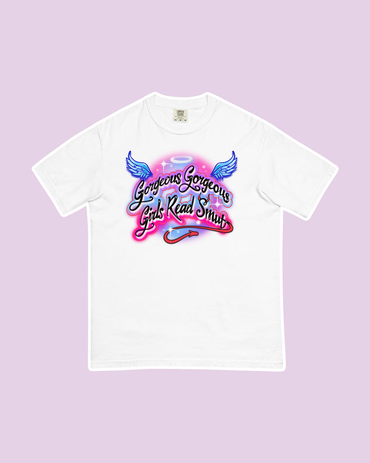 Romance reader shirt in an airbrushed design featuring &