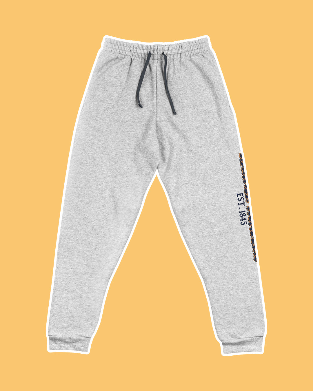 Gray sweatpants on a light orange background with "Harker Academy, EST. 1845" down the left pant leg.