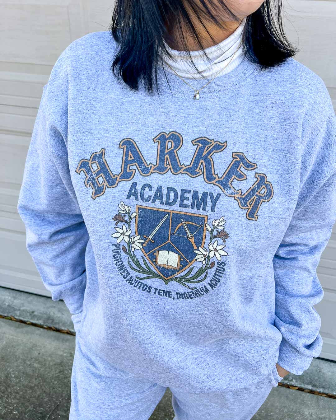 Gray crew neck sweatshirt for fantasy readers featuring a logo for Harker Academy from Kate Golden&