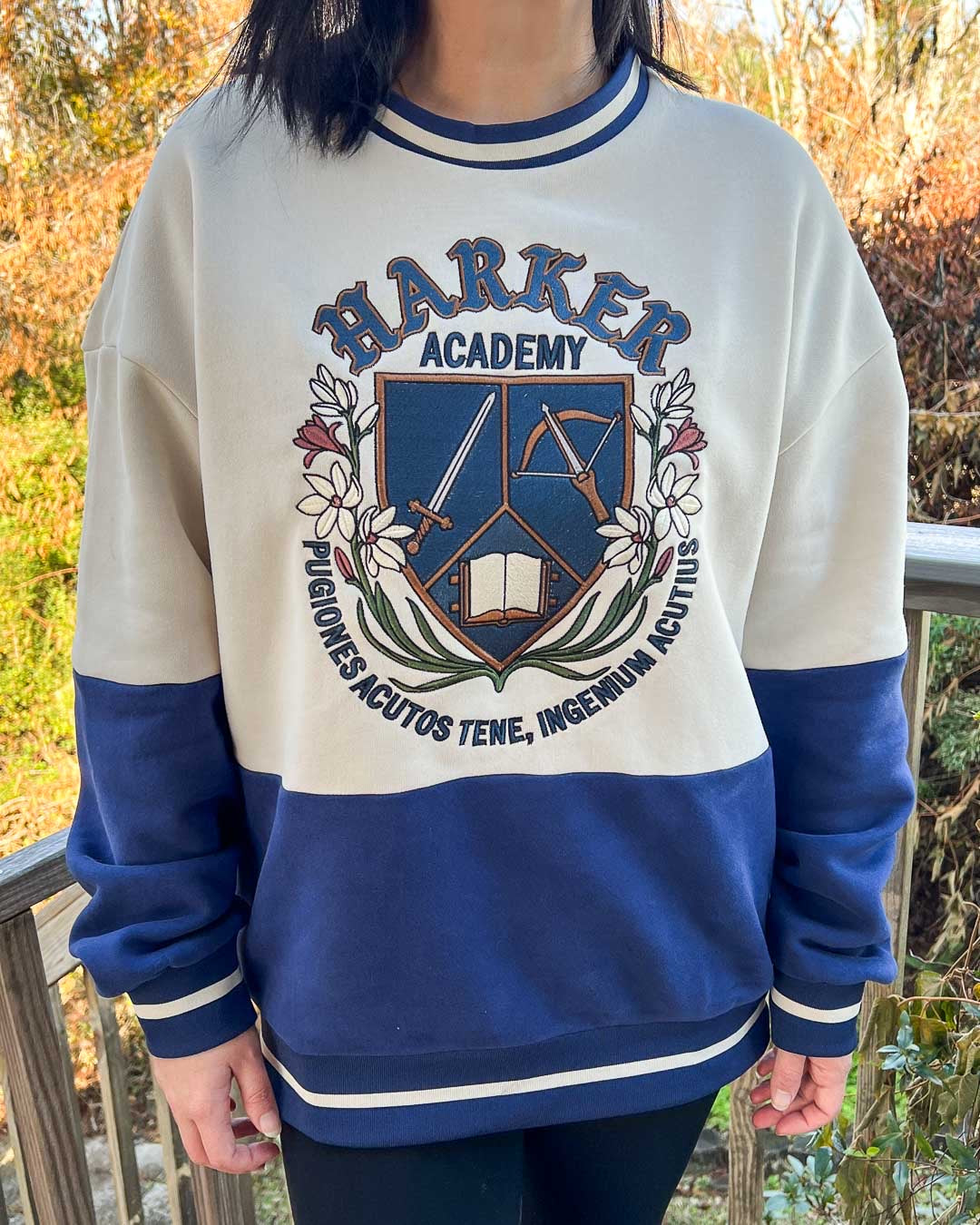 Model wearing a fantasy blue and white sweatshirt featuring a crest for Harker Academy, a fictional magic school from Half City, designed in a shield with a sword, crossbow, and open book, and a motto in Latin curling beneath it.