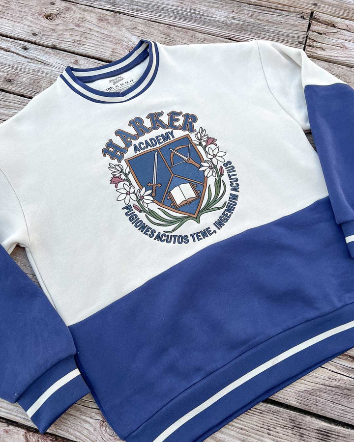 Blue and white dual-tone crew neck sweatshirt for fantasy readers featuring an embroidered logo for Harker Academy from Kate Golden&