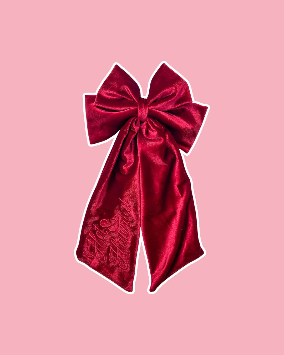 Embroidered velvet bow for fantasy fans with the text 'Hot & Haunted' in a beautiful red color.