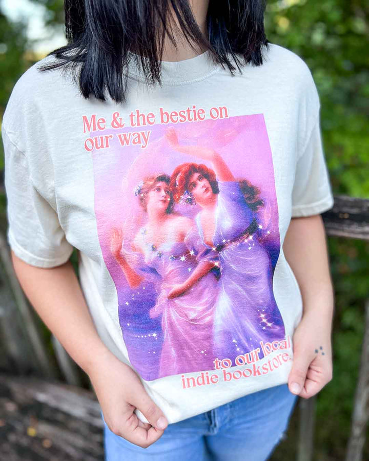 Colorful bookish tee of a fine art painting and the text, &
