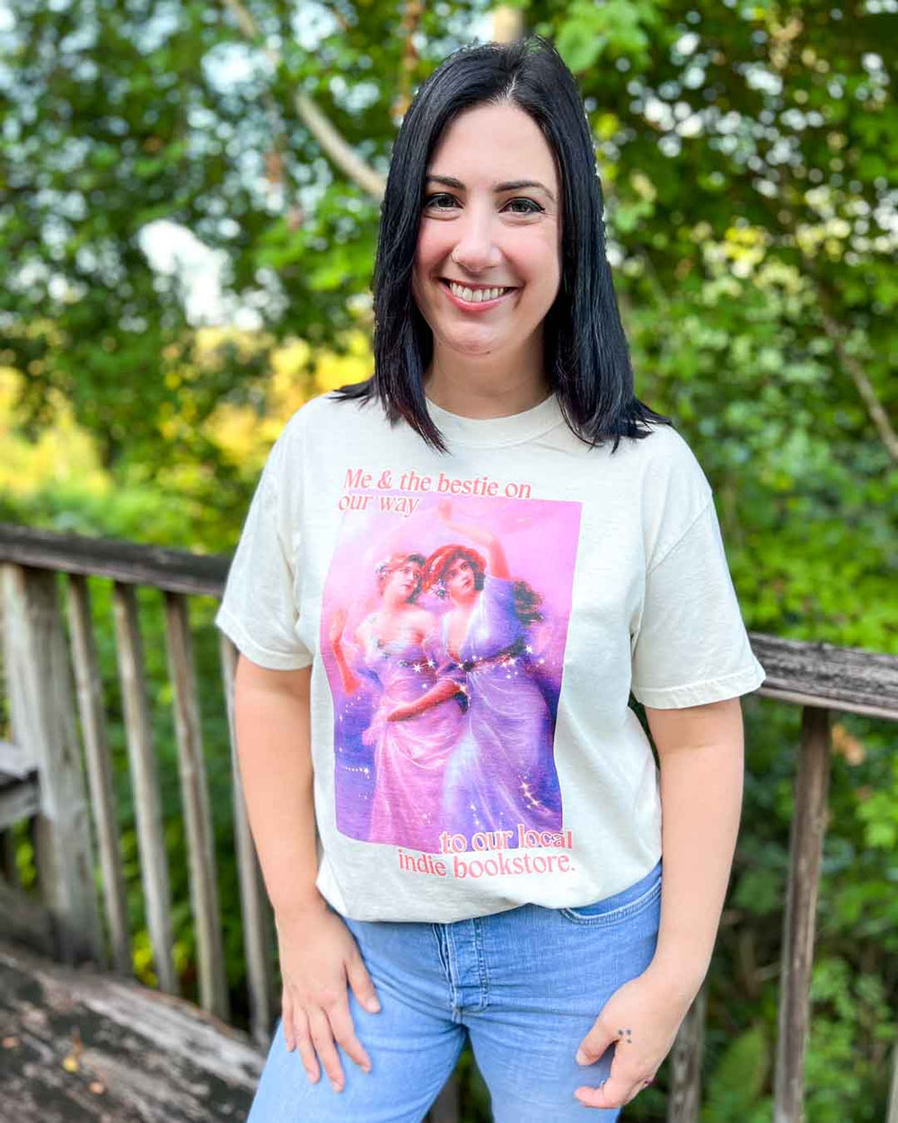 Bookish tee featuring a fine art painting with the quote, 'Me and my bestie on our way to our local indie bookstore.'