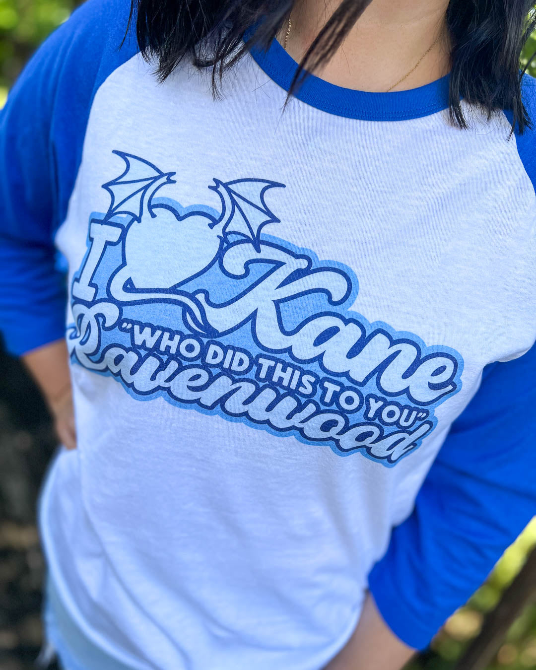 Blue and white Kate Golden shirt with three-quarter sleeves and &