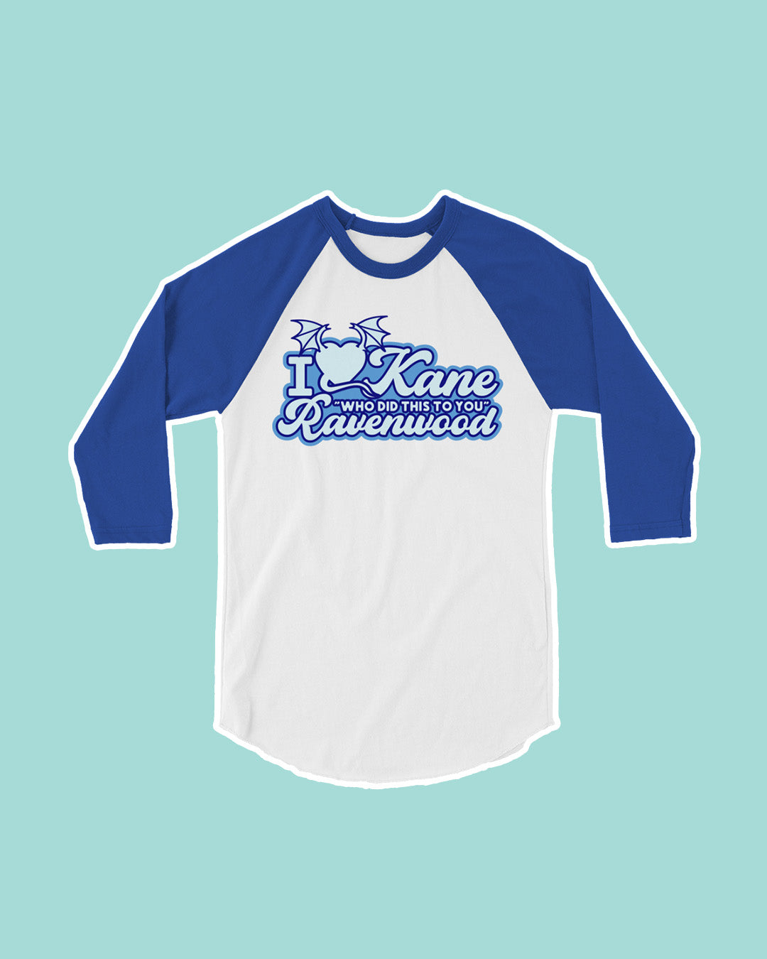 Three-quarter sleeve baseball A Dawn of Onyx tee in blue and white and 'I heart Kane Ravenwood' written with the heart designed with wings and a tail and the line 'Who did this to you' written in the middle.