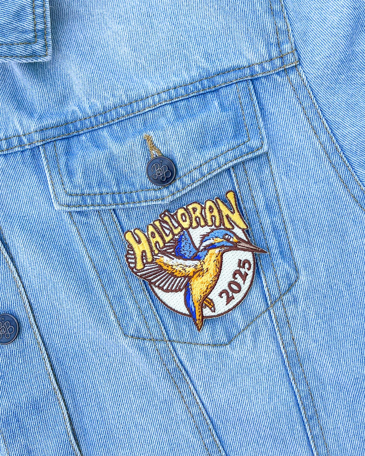 Iron on patch for If Not For My Baby fans on a jean jacket featuring a kingfisher and &