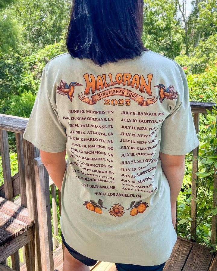 Back of the If Not For My Baby tee for the Kingfisher Tour featuring fourteen tour dates on a light green tee.