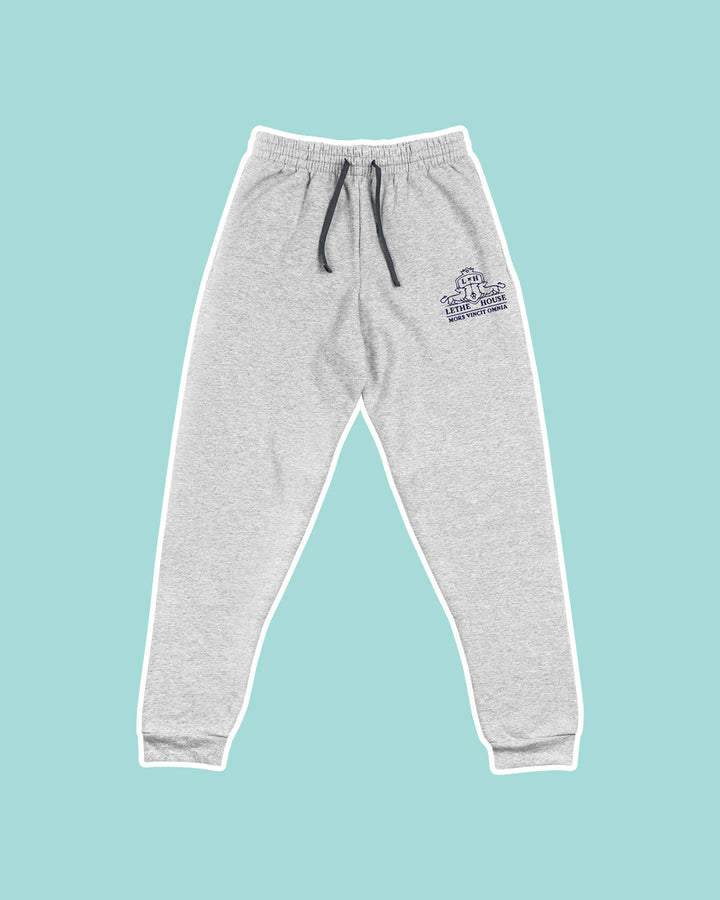 Ninth House joggers featuring an embroidered logo for Lethe House on the left thigh.