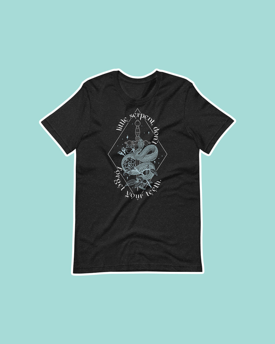 The Serpent &amp; the Wings of Night shirt design with a snake twined by a dagger surrounded by flowers and stars with the quote &