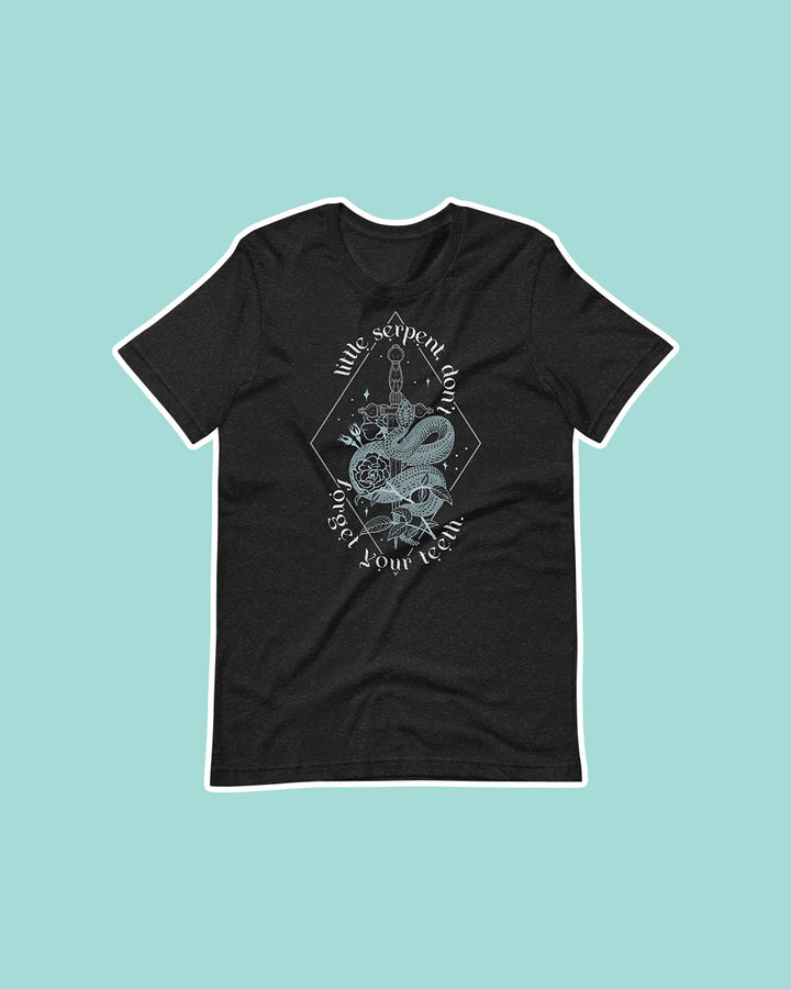 The Serpent &amp; the Wings of Night shirt design with a snake twined by a dagger surrounded by flowers and stars with the quote &