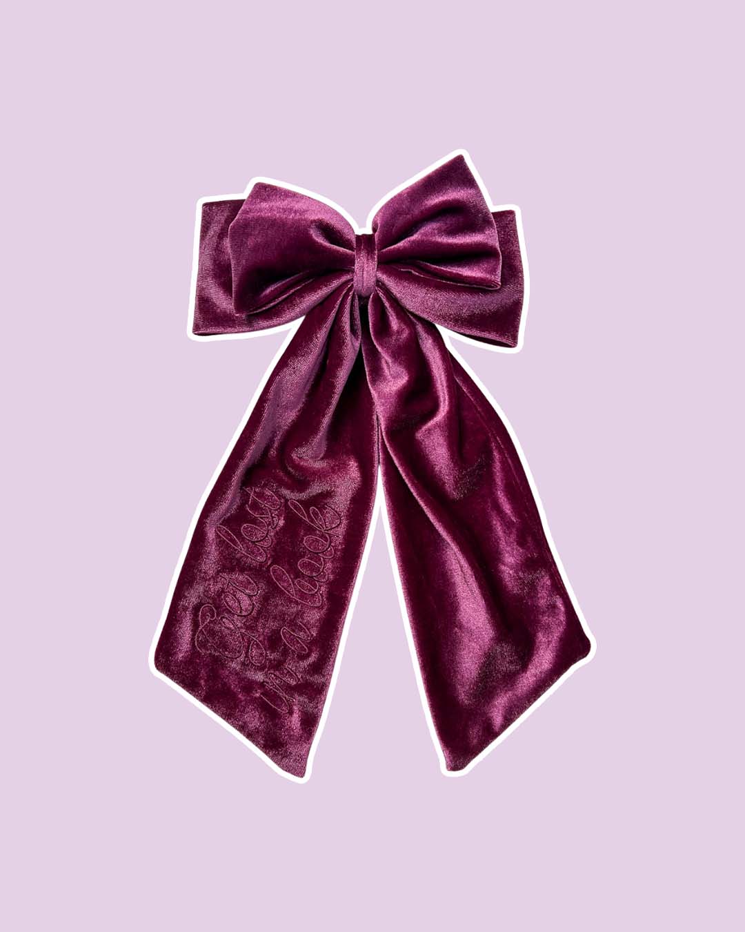 Embroidered velvet bow for book lovers with the text 'Get lost in a book' in a beautiful plum color.